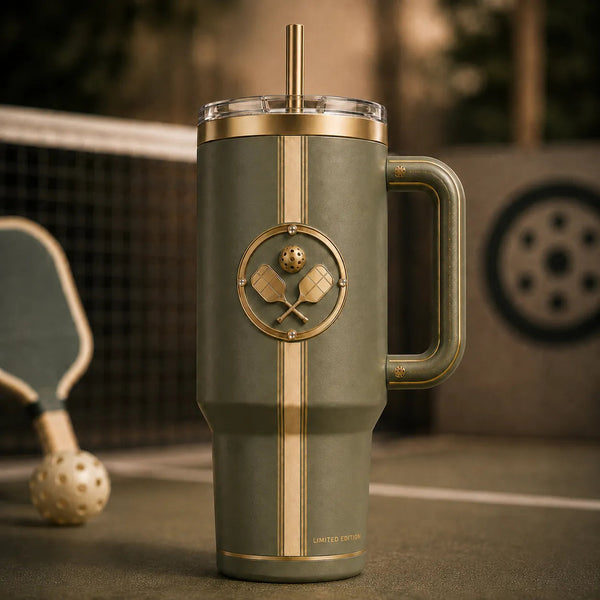 Court Crest - Gold Paddle Emblem on Olive Drinkware - main