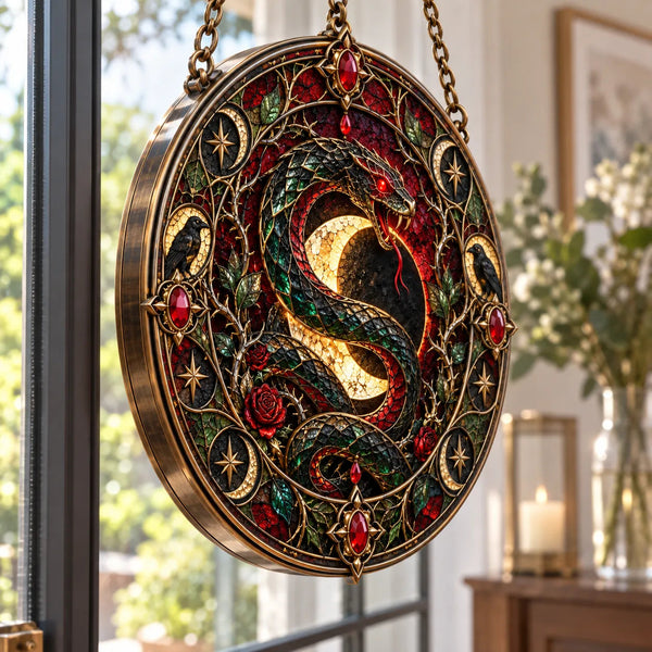 Coiled Under the Crescent - Serpent and Raven Round Window Hanging - main