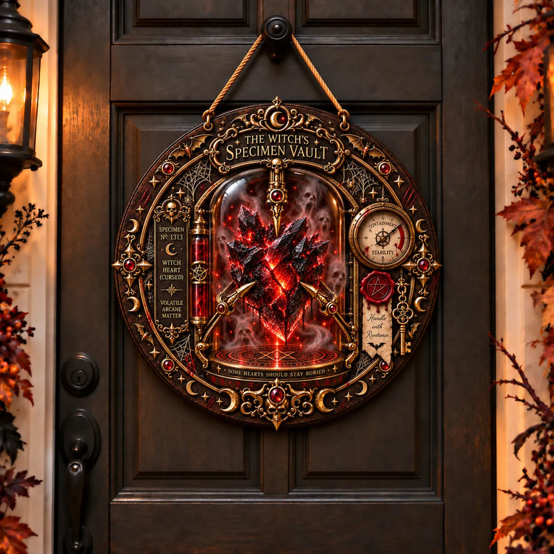 The Witch's Specimen Vault - Crimson Relic Round Wood Sign