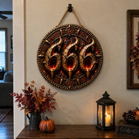 666 in Ember Light - Round Wood Sign With Bite