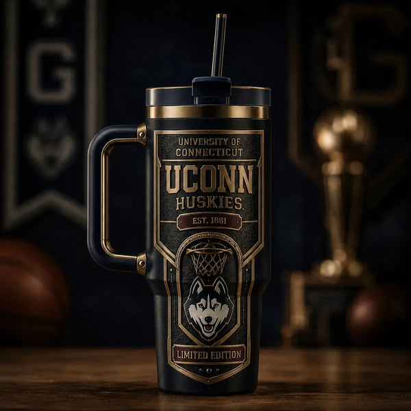UCONN Heritage Crest - Blackout and Brass Tumbler Graphic - main