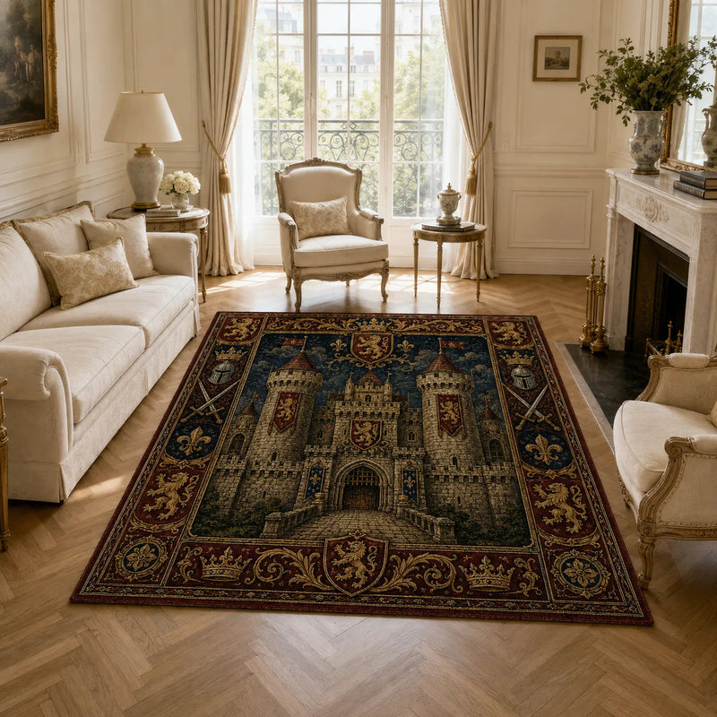 Stone Keep and Rampant Lions - Heraldic Tapestry Floor Composition