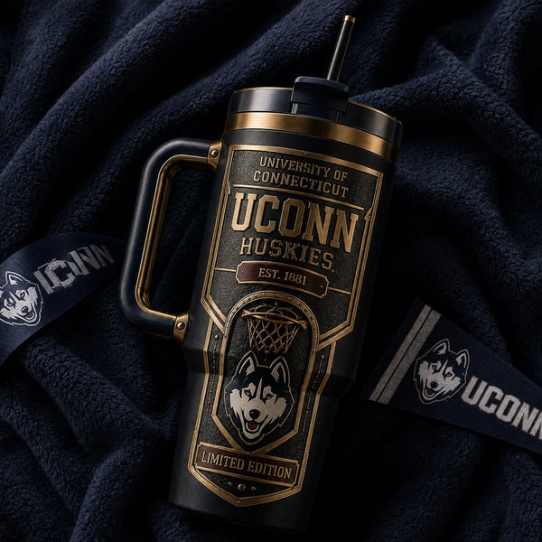 UCONN Heritage Crest - Blackout and Brass Tumbler Graphic - main