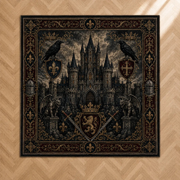 Nocturne Keep - Heraldic Castle Rug in Obsidian and Gold - main