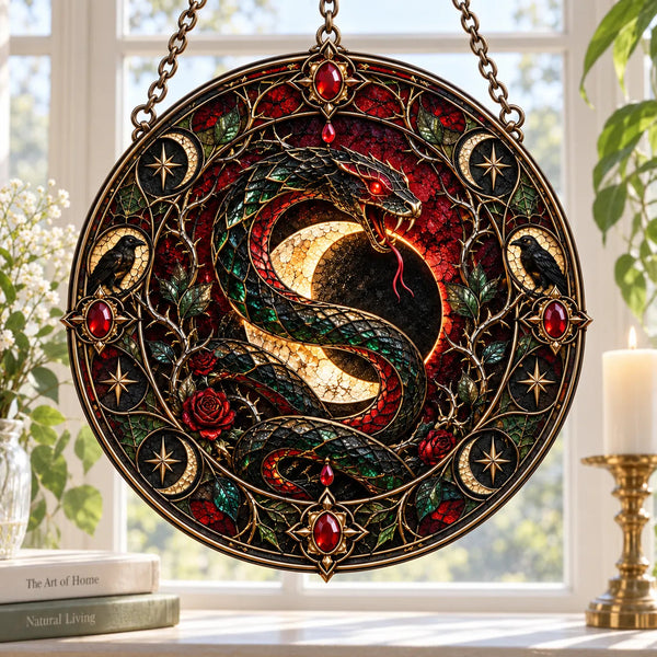 Coiled Under the Crescent - Serpent and Raven Round Window Hanging - main
