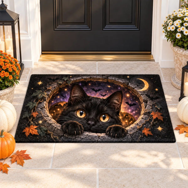 Golden Eyes at the Threshold - Black Cat Doormat - main