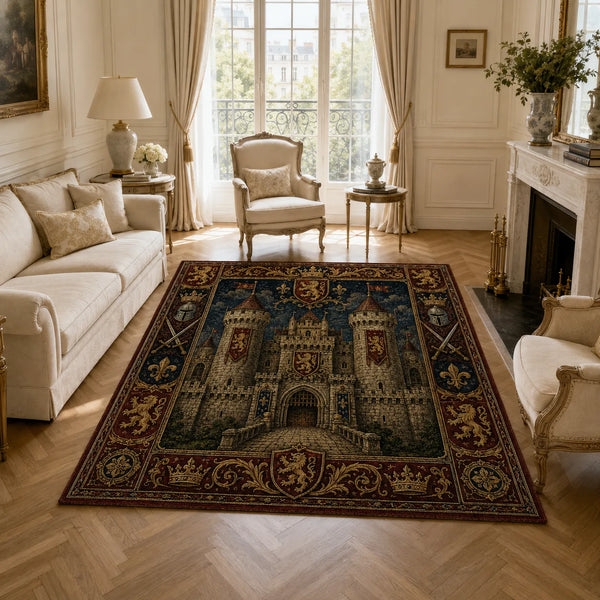 Stone Keep and Rampant Lions - Heraldic Tapestry Floor Composition - main