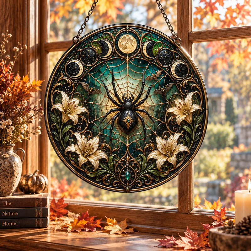 Lunar Arachne - Stained-Glass-Looking Round Window Hanging