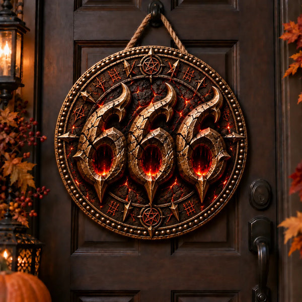 666 in Ember Light - Round Wood Sign With Bite - main