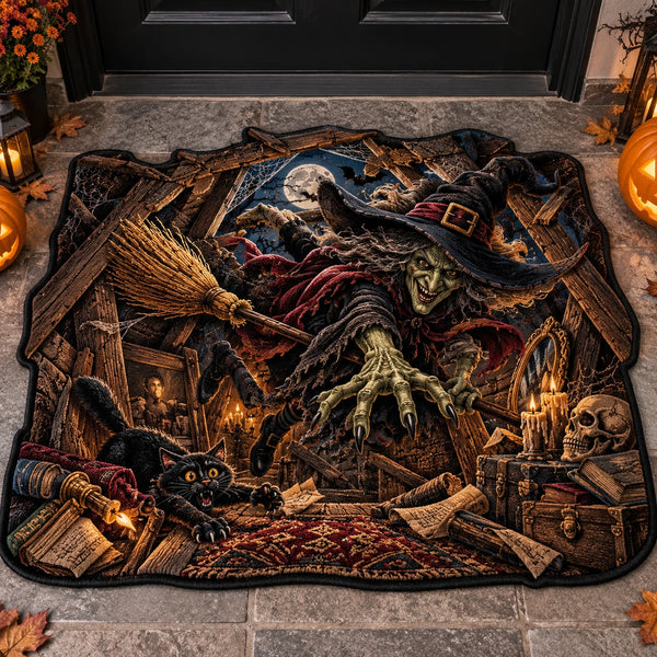Attic Breach - Green Witch and Black Cat Doormat - main