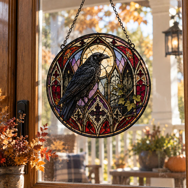 The Raven Sits Still - Gothic Stained-Glass Round Window Hanging - main