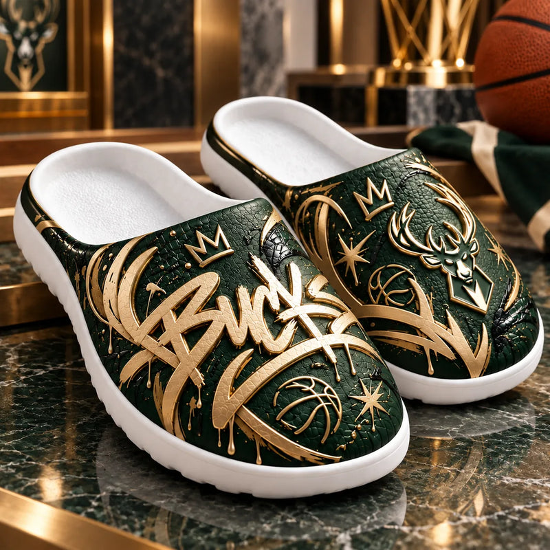 MIL in Gold Script - Green and Cream Graffiti Clogs