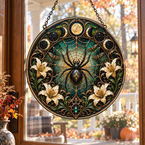 Lunar Arachne - Stained-Glass-Looking Round Window Hanging - main