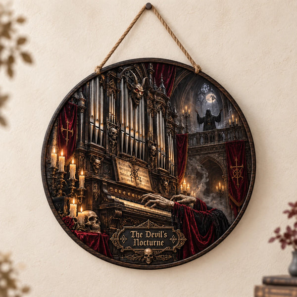 The Devil's Nocturne - Candlelit Gothic Organ Round Wood Sign - main