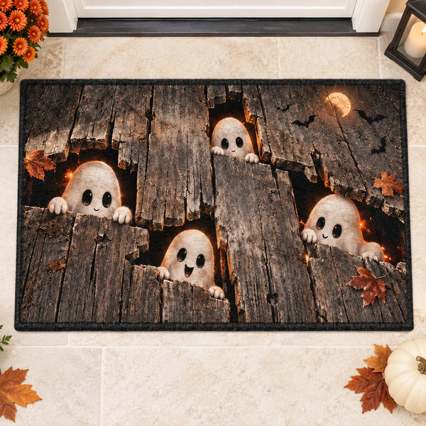 Peekaboo Planks - Playful Ghost Doormat in Weathered Wood - main