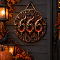 666 in Ember Light - Round Wood Sign With Bite