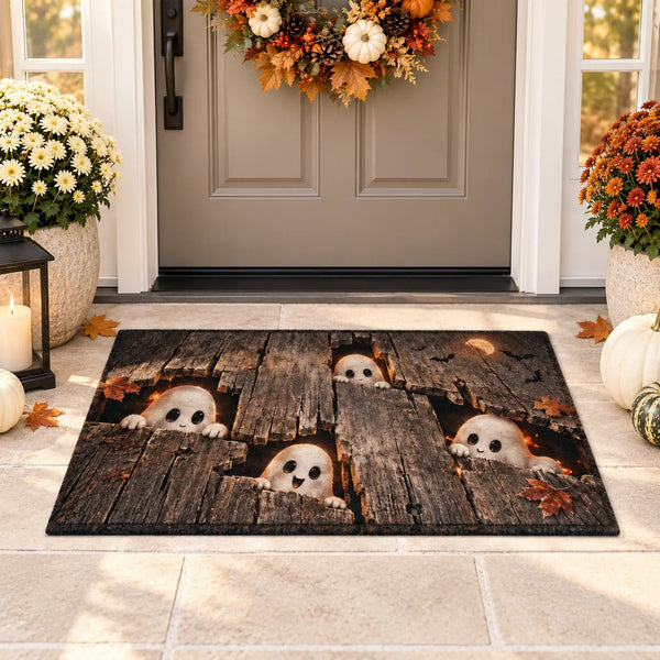Peekaboo Planks - Playful Ghost Doormat in Weathered Wood - main