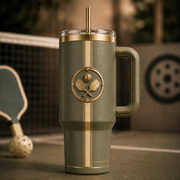 Court Crest - Gold Paddle Emblem on Olive Drinkware - main