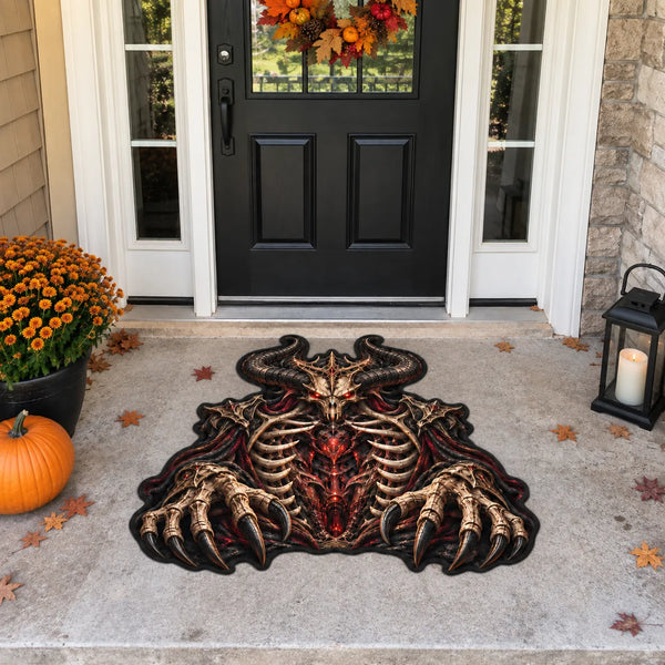 Obsidian Threshold - Horned Skull Doormat in Bone and Ember - main