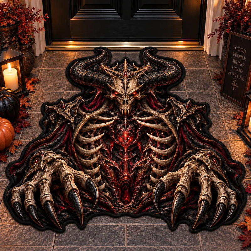 Obsidian Threshold - Horned Skull Doormat in Bone and Ember