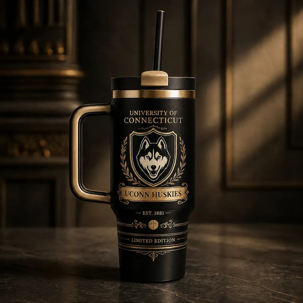UCONN Crest - Gold Heraldry on a Black Tumbler - main