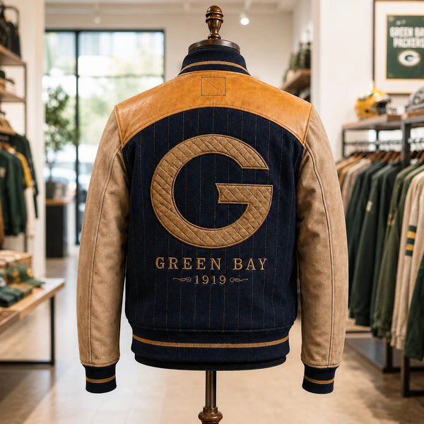 GB Heritage - Pinstripe Varsity Jacket with Tan Sleeve Panels - main