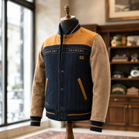 GB Heritage - Pinstripe Varsity Jacket with Tan Sleeve Panels