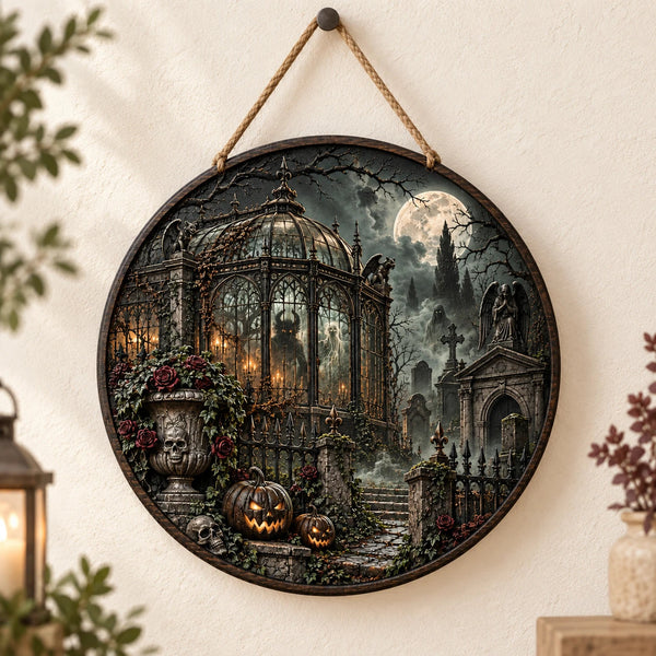 Moonlit Conservatory - Gothic Cemetery Round Wood Sign - main