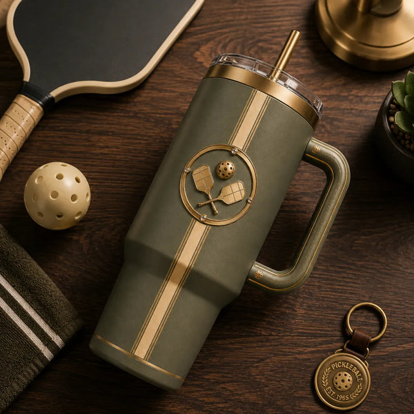 Court Crest - Gold Paddle Emblem on Olive Drinkware - main