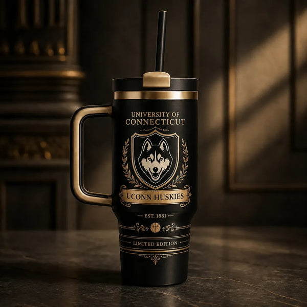 UCONN Crest - Gold Heraldry on a Black Tumbler - main