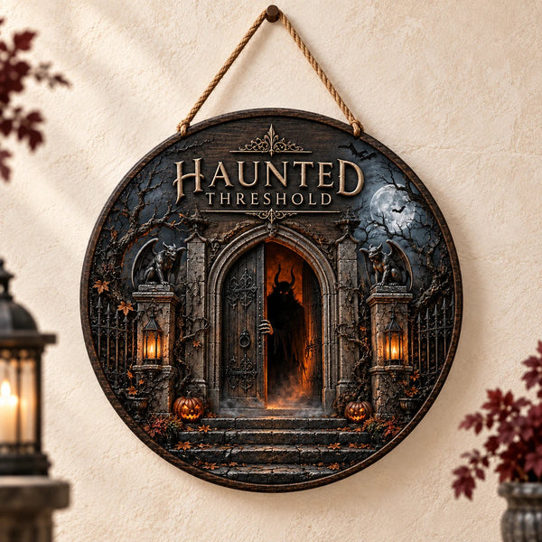 Haunted Threshold - Gothic Doorway Round Wood Sign - main