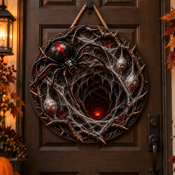 Down the Web - Spider and Ember Round Wood Sign - main