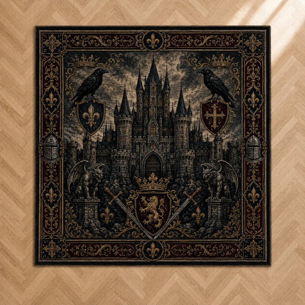 Nocturne Keep - Heraldic Castle Rug in Obsidian and Gold - main