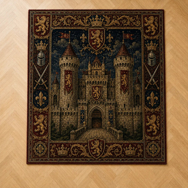 Stone Keep and Rampant Lions - Heraldic Tapestry Floor Composition - main