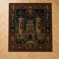 Stone Keep and Rampant Lions - Heraldic Tapestry Floor Composition